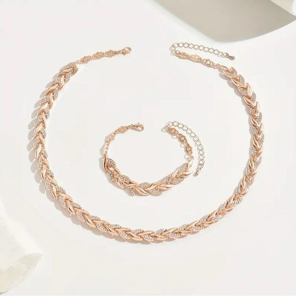 None Jewelry - Rose Gold & Silver Inlaid CZ Diamond Fish Tail Necklace & Bracelet Set - 2 pcs